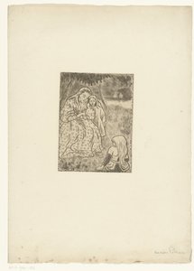 Vrouw met twee meisjes in een weide door Lucien Pissarro