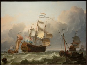 Een Nederlands vlaggenschip met een jacht achter haar door Ludolf Backhuysen