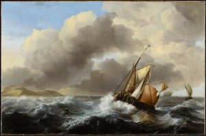 Vissersschepen voor de kust in een zware zee, 1864 door Ludolf Backhuysen