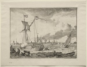 Zicht op Amsterdam met schepen op de voorgrond