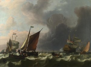 Nederlandse oorlogsschepen en kleine vaartuigen in een frisse bries bij Enkhuizen door Ludolf Bakhuizen