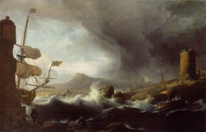 Duits: Stürmische See an bergiger Küste Stormachtige zeeën aan een bergachtige kust door Ludolf Bakhuizen