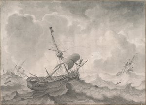 Schepen op een stormachtige zee door Ludolf Bakhuizen