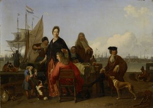 De families Bakhuysen en de Hooghe dineren bij de Mosselsteiger aan het IJ, Amsterdam door Ludolf Bakhuysen (signed by artist)