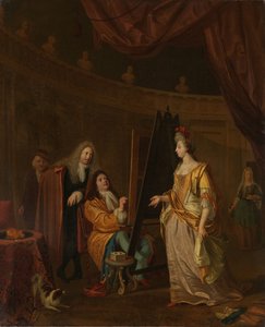 Een kunstenaar in zijn atelier, schildert het portret van een dame door Ludolf Bakhuysen