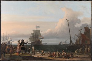 Nederlandse schepen in de wateren van Texel; in het midden de 