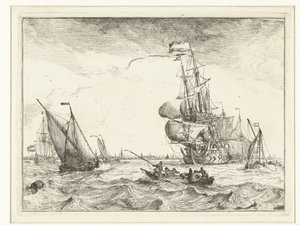Gezicht op het IJ met roeiboot door Ludolf Bakhuysen