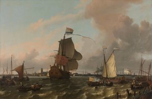 Het oorlogsschip Brielle op de Maas bij Rotterdam door Ludolf Bakhuysen