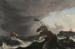 Oorlogsschepen in een zware storm