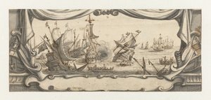 Zeegevecht in een cartouche door Ludolf Bakhuysen