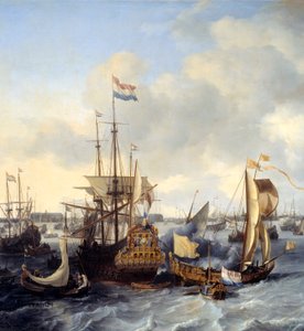 Uitzicht op de haven van Amsterdam vanaf het IJ (detail). Schilderij door Ludolf Backhuyzen (1631-1708) 1666 Sun. 1,28x2,21 m