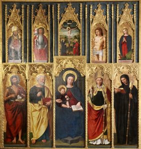 Altaarstuk, 10 schilderijen: Maagd en kind tussen Sint-Jan de Doper en Sint-Pieter, Een bisschop en abt, Christus aan het kruis tussen Sint-Jan en de Maagd, Sint-Maarten en Sint-Victor, Sint-Sebastiaan en Sint-Margareta. door Ludovico Brea