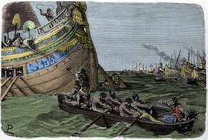 Marc Antoine (83-30 v.Chr.) voegt zich bij Cleopatra (51-30 v.Chr.) na de nederlaag in de Slag bij Actium op 2/09/31 v.Chr., illustratie door Ludovico Pogliaghi uit "Storia d