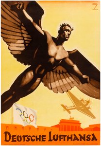 Deutsche Lufthansa, affiche voor Duitse luchtvaartmaatschappijen ter promotie van de Olympische Spelen van 1936 in Nazi-Duitsland (affiche) door Ludwig Hohlwein
