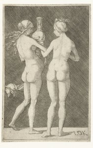Twee naakte vrouwen met schedel en zandloper door Ludwig Krug