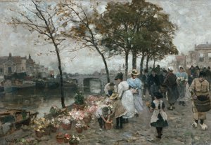 Bloemenmarkt aan het kanaal door Ludwig Munthe