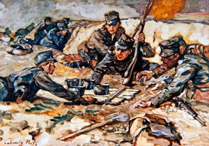 Rantsoenen brengen naar de Oostenrijkse loopgraven onder vuur van Russische artillerie door Ludwig Putz