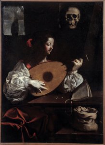 Luitspeler. Schilderij (Vanitas) door Luigi Miradori (17e eeuw) door Luigi Miradori