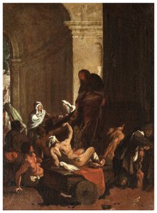 Noord Transept, Altaar van San Rocco 1635, 45, Genovesino 1645, Distributie van goederen aan de armen, Geschilderd linksonder door Luigi Miradori