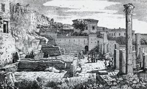 Ruïnes van de Tempel van Vespasianus in Brescia, gravure door Louis Basiletti, Italië door Luigi Basiletti
