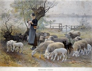 Eerste bloemen: Een herderin omringd door haar schapen steekt bloemen in haar hoed