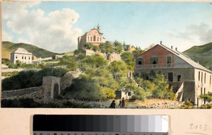 Zicht op de heuvel en kerk van Oregina, Genua door Luigi Garibbo
