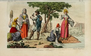 Russische boeren. Illustratie uit Il costume antico e moderno o storia del governo… door Giulio Ferrario, 1831 door Luigi Giarrè