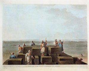 Egypte, Top van eerste piramide van Gizeh, gravure uit "Views" van Luigi Mayer door Luigi Mayer