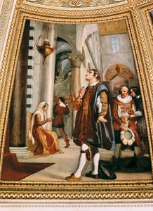 Galileo Galilei kijkt naar de kroonluchter die heen en weer zwaait in de kathedraal van Pisa 1582