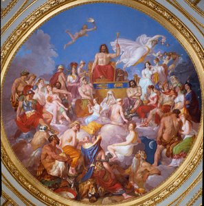 De Raad van de Goden: Zeus op Olympus omringd door goden. Ze worden van boven naar beneden en links afgebeeld: Ganymedes, Athena, Poseidon, Hermes, Hephaistos, Aphrodite, Eros, de 3 Charites, Dionysos en Ares. In het midden
