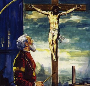 Titiaan schilderde veel schilderijen voor koning Phillip II van Spanje, waaronder zijn beroemde Kruisiging (kleurenlitho)
