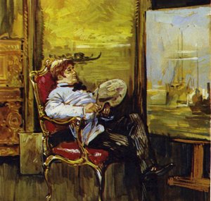 Turner zittend voor een van zijn schilderijen (kleurenlitho)