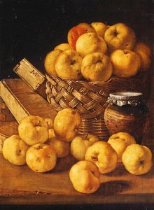 Appels in een Mand, een Pot en Kruidenbakjes op een Tafel