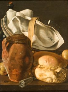 Stilleven met brood, een kruik en een servet, na circa 1830 door Luis Egidio Melendez