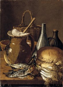 Stilleven met haringen, lente-uitjes, brood en keukengerei door Luis Egidio Melendez