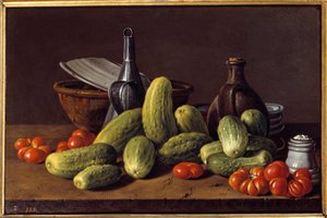 Stilleven: komkommers, tomaten en containers door Luis Egidio Menendez or Melendez