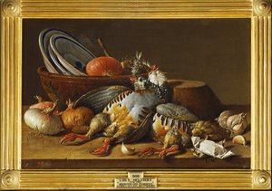 Stilleven met twee patrijzen, uien en keukengerei ... (schilderij op doek)