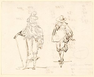 Twee figuren, de een gekleed in Franse Lodewijk XIII-stijl en de ander in Spaanse Zeventiende-eeuwse stijl door Luis Paret y Alcazar