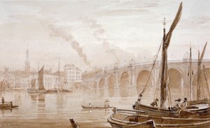 Uitzicht op Blackfriars Bridge vanaf de Surrey-oever, met boten op de voorgrond, Londen, ca. 1825