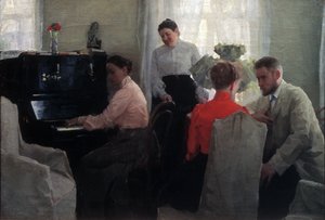 De vrijer (een jonge man maakt het hof onder toezicht van twee vrouwen, waarvan een piano speelt)