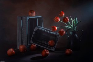 Donker bloemen- en fruitstilleven door Lydia Jacobs