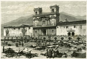 De kathedraal van Quito (hoofdstad van het huidige Ecuador) en het populaire vermaak op het plein. Gravure door Clerget en Ferdinandus, ter illustratie van het verhaal 