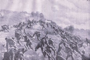 De herovering van Szawle. Bestorming van de bergkam, uit De Geïllustreerde Geschiedenis van de Wereldoorlog 1914-1915 uitgegeven door Union Berlagsefellfchaft door M. Barascudts