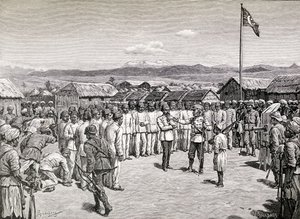 Sir Henry Morton Stanley spreekt rebellerende officieren toe in Kavalli, 1890 door M. Schonberg