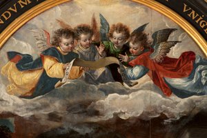 Aanbidding der Wijzen, drieluik, centraal paneel, detail door Maarten de Vos