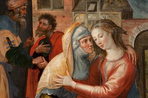 Aanbidding der Wijzen, drieluik, linker paneel: Het leven van de Heilige Maagd, detail door Maarten de Vos