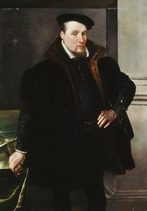 Portret van een heer, driekwart lengte, in een zwarte jas met bontvoering, 1551 door Maarten de Vos