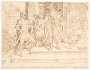 Ahasverus geeft de zegelring aan Haman door Maarten van Heemskerck
