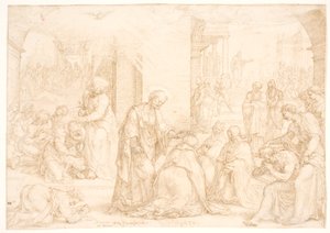 Filip, Peter en Johannes geven de gedoopte mannen en vrouwen in Samaria de Heilige Geest door handoplegging door Maarten van Heemskerck