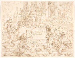 Josias beveelt dat alle dingen die voor Baäl zijn gemaakt vernietigd en de priesters gedood moeten worden door Maarten van Heemskerck